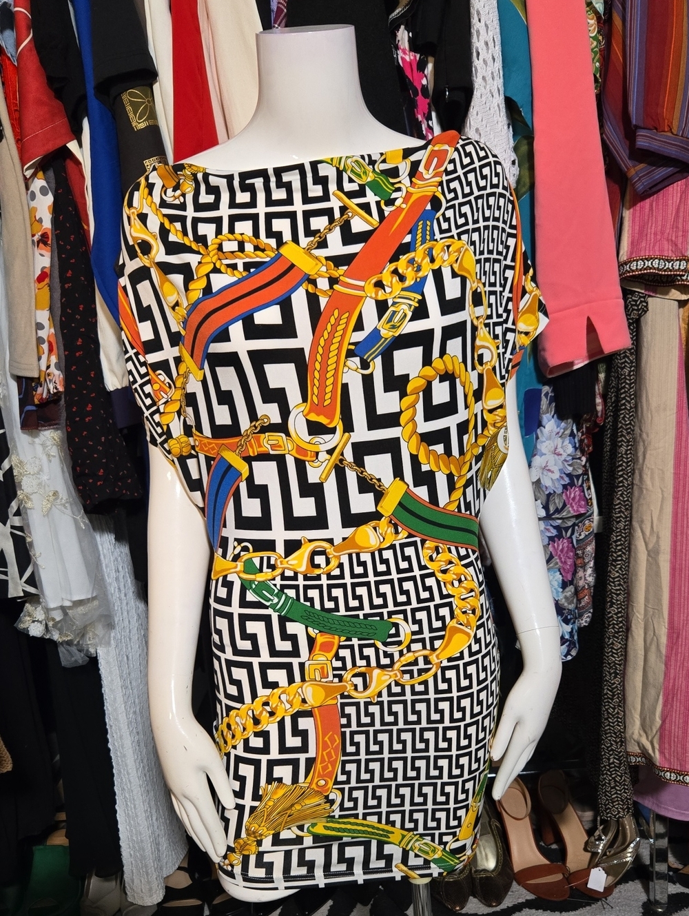 Chain-Print Black and Multicolor Mini Dress